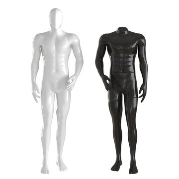 Two male mannequins white with an abstract face and black without a head on an isolated background. Front view. 3d rendering