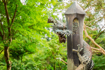 Dragon bronze statue sculpture found within the gardens of Engyo-ji Buddhist Temple in Himeji, Japan.