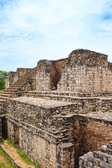 Fototapeta na wymiar Fragment of the Oval Palace contained burial relics and its alignment is assumed to be connected to cosmological ceremonies. Mayan archeological site of Ek Balam in Temozon, Yucatan, Mexico. 