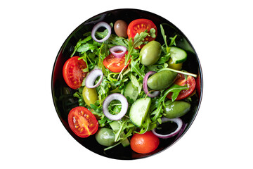 salad vegetable olives tomato cucumber, lettuce mix leaves snack meal diet vegan or vegetarian food copy space food background rustic. top view 