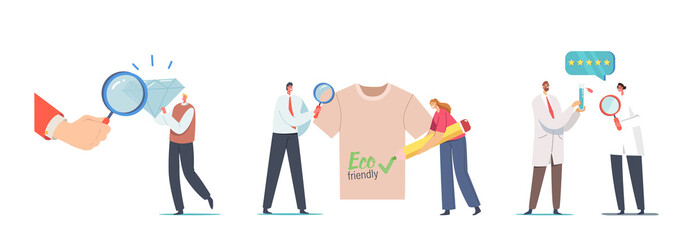 Set of Tiny Male and Female Characters with Huge Brilliant, Eco Friendly Clothes, Scientists in White Labcoats, Quality