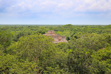 Ek Balam, Temozon, Yucatan, Mexico. Top view from Acropolis pyramid on jungles with the Twins temple atop of which there are two mirroring temples on either side. 