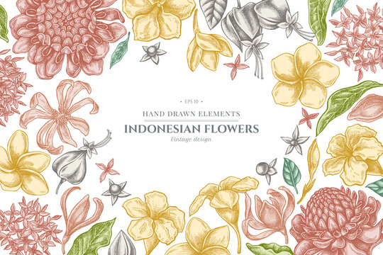 Floral design with pastel plumeria, allamanda, clerodendrum, champak, etlingera, ixora
