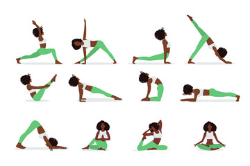 Fototapeta na wymiar Set of poses African American yoga. Collection of female cartoon yoga positions isolated on white background. Full body yoga workout, eps 10