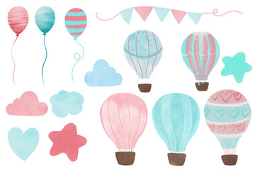 Adorable ensemble d& 39 illustrations pastel pour enfants : montgolfière avec nuages, ballons, lune, étoile, coeur, composition de guirlande de drapeau et ruban bébé fille garçon pépinière art