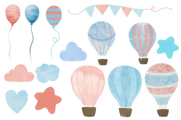 Fotobehang Luchtballon Schattige jongen set illustratie: hete luchtballon met wolken, ballonnen, maan, ster, vlieger, bloem samenstelling en lint en regendruppels.