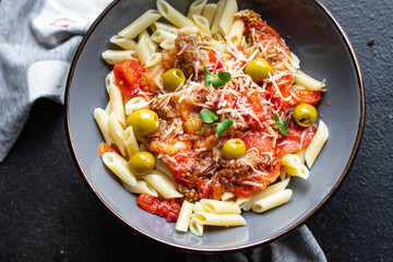 pasta eggplant tomato sauce cheese pasta alla norma vegetable second course snack trend meal copy space food background rustic 