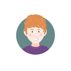 Cute caucasian little boy redhead cartoon avatar-character face in a circle, flat vector illustration isolated on a white background.