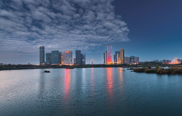 Fototapeta premium Night view of CBD in Yiwu City, Zhejiang Province, China