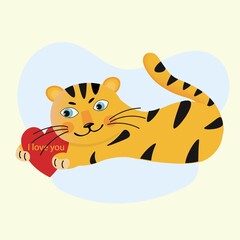 Cute tiger with a heart of love in its paws. Lies with legs outstretched, tail wagging against a blue background. Symbol of 2022. For print, fashion design, children's illustrations, calendar. Vector.