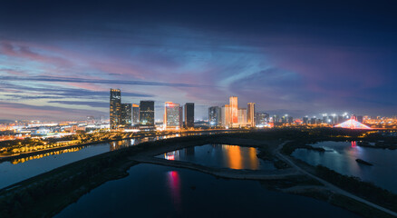 Night view of CBD in Yiwu City, Zhejiang Province, China