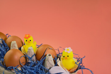 Easter background. Eggs and happy chickens in a basket on a blue straw on a pink background....