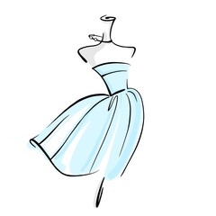 Delicate flying blue dress on a mannequin. Linear graphics. Illustration on white background
