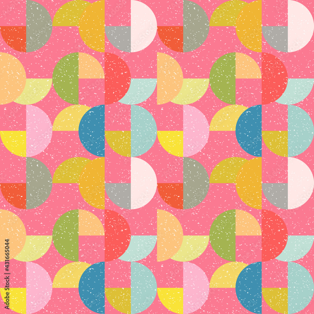 Aufkleber Modern vector abstract seamless geometric pattern with semicircles and circles in retro scandinavian style. Pastel colored colorful shapes with worn out texture .