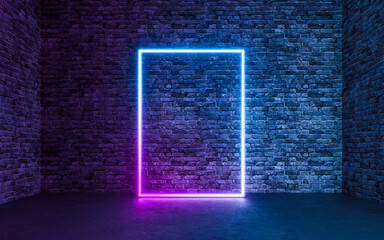 Abstract Neon Light With Empty Grunge Concrete Brick Room Background. 3d rendering