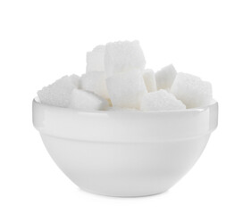 Sugar cubes in bowl on white background