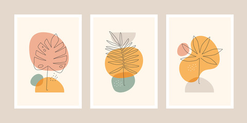 Set of minimalistic posters or cards with line art drawing tropical leaves and abstract shapes. 