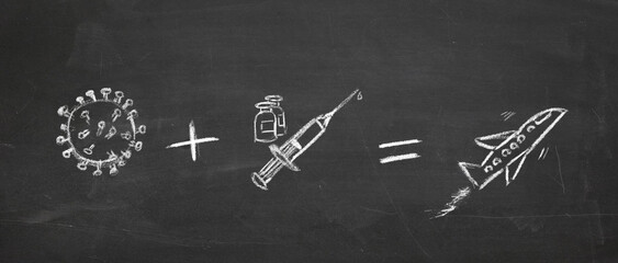Chalk hand drawing of covid-19, vaccine and a plane on a blackboard
