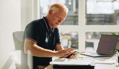 Senior businessman using mobile phone at work