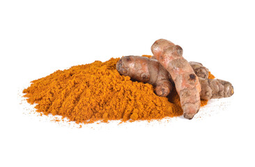 Turmeric and turmeric powder on white background.