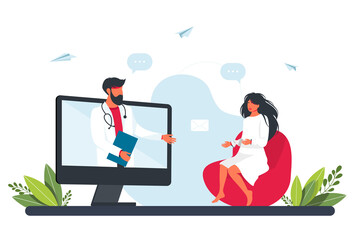 Online doctor concept consultation via laptop flat design. A woman consult a doctor via the Internet. medical consultation and support. Healthcare services, Ask a doctor. Vector illustration