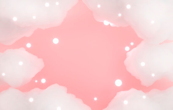 Delicate fluffy clouds frame, white soapy foam. 3d render illustration. Space for brand promotion product. Creative pink background for advertising presentation. 