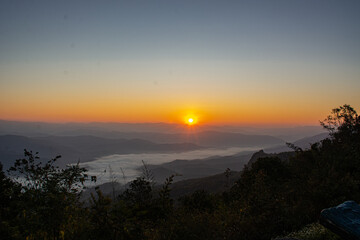 Dawn of Sea Fog on the top of the Sierra Early morning at Doi Samer Dao, Nan, thailand