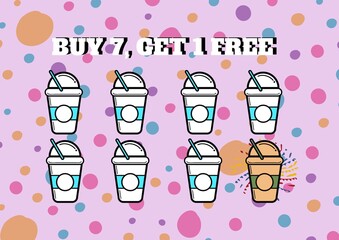 Buy 7, get 1 free, in white text with takeaway coffee cups with colourful dots on pink