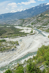 Flussbett der Rhone bei Susten, Kanton Wallis, Schweiz