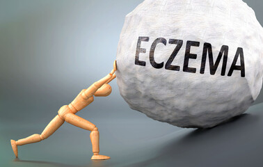 Eczema and painful human condition, pictured as a wooden human figure pushing heavy weight to show how hard it can be to deal with Eczema in human life, 3d illustration - obrazy, fototapety, plakaty