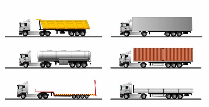 A set of images of a modern european truck with different variants of semi-trailers.