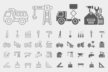 Construction Icons set - Vector outline symbols and silhouettes of building, crane, truck, bulldozer, saw, wrench, shovel and other tool for the site or interface