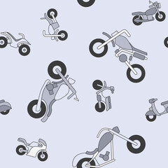 Motorbike - Vector color background (seamless pattern) of motorcycle, bike, chopper, scooter and other transportation for graphic design