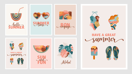 Bohemian Summer, modern summer illustrations and cards design with rainbow, flamingo, pineapple, ice cream and watermelon 