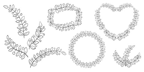 Floral frame set of outline branch with berries