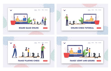 Obraz na płótnie Canvas Board Game Online Landing Page Template. Family Characters Playing Chess. Parent, Grandparents and Child Distant Game