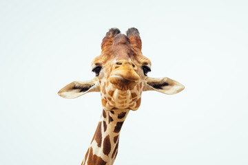 A close up shot of a funny giraffe head on a white background