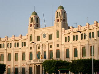 Fototapeta na wymiar Melilla (Spain). Sunset at the Assembly Palace in the Plaza de España in the city of Melilla