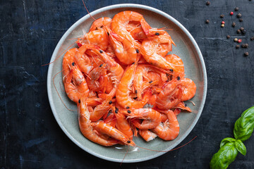 shrimp spicy prawn seafood meal vegetarian food pescetarian diet Asian Cooking snack copy space food background rustic. top view 