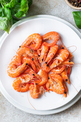 shrimp spicy prawn seafood meal vegetarian food pescetarian diet Asian Cooking snack copy space food background rustic. top view 