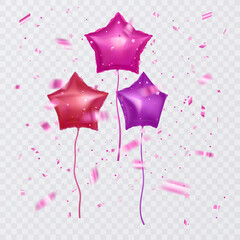 Set of pink balloons with shape of stars and confetti, party background, concept design for Celebration