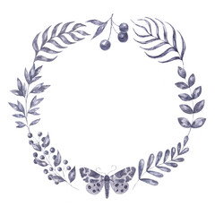 Watercolor wreath with herbs and moth. Floral round frame.