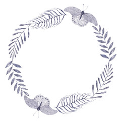 Watercolor wreath with herbs and moth. Floral round frame.