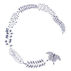 Watercolor wreath with herbs and moth. Floral round frame.