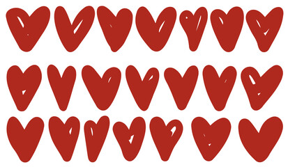 Collection of doodled red hearts. Bundle of hand drawn vector love design elements.