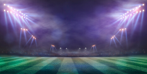 Empty night grand soccer arena in the lights. stadium imaginary 3d rendering - obrazy, fototapety, plakaty