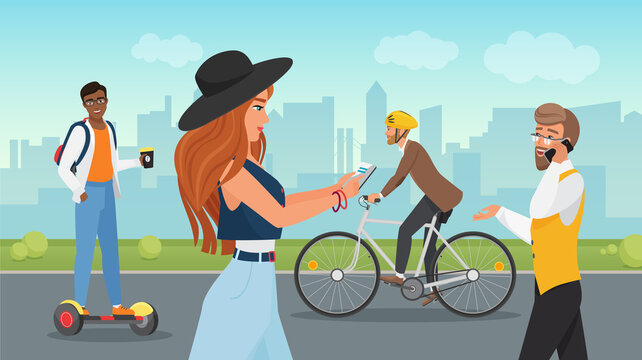 People walk in city summer park vector illustration. Cartoon young guy riding modern electric scooter gyroboard, man in helmet cycling, girl in hat holding mobile phone and walking background