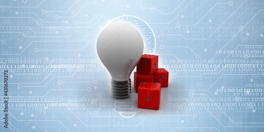 Poster 3d rendering led light bulb with dice