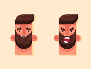 Angry man and happy hipster with beard in trending flat style. Screaming person vector. Emotions on the face