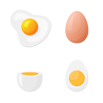 Hard boiled egg, soft boiled and fried egg in flat style. Breakfast products vector stock illustration